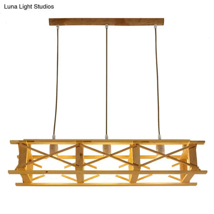 Rustic beige wooden rectangular cage island lamp dining room