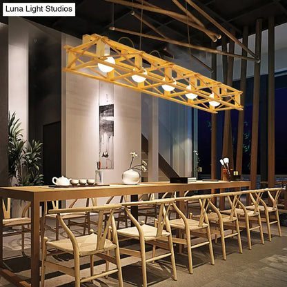 Rustic beige wooden rectangular cage island lamp dining room