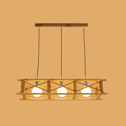 Rustic beige wooden rectangular cage island lamp dining room