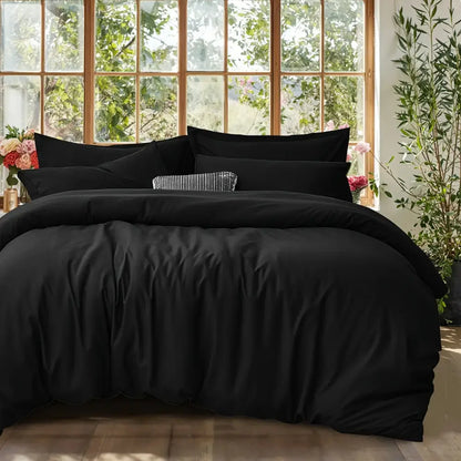 Black satin cotton duvet cover set bedroom textured pillow accent