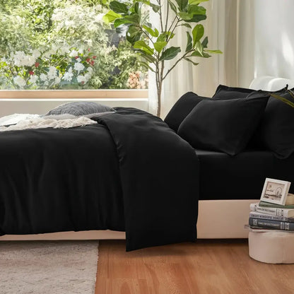 Black satin cotton duvet cover set bedroom textured pillow accent