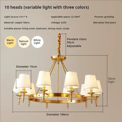 copper american chandelier with fabric shades dining room