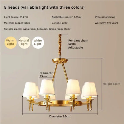 copper american chandelier with fabric shades dining room