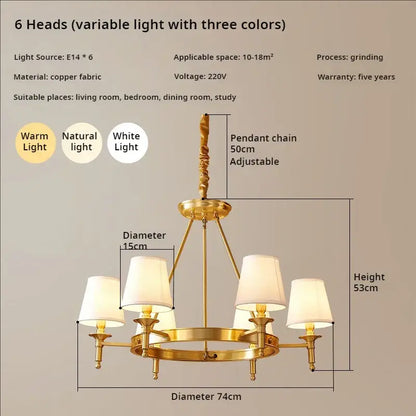copper american chandelier with fabric shades dining room