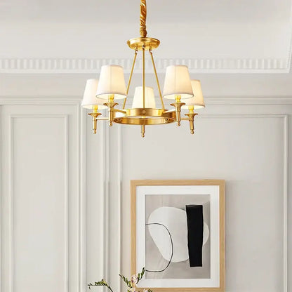 copper american chandelier with fabric shades dining room