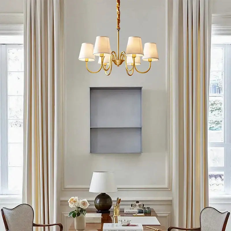 copper american chandelier with fabric shades living room