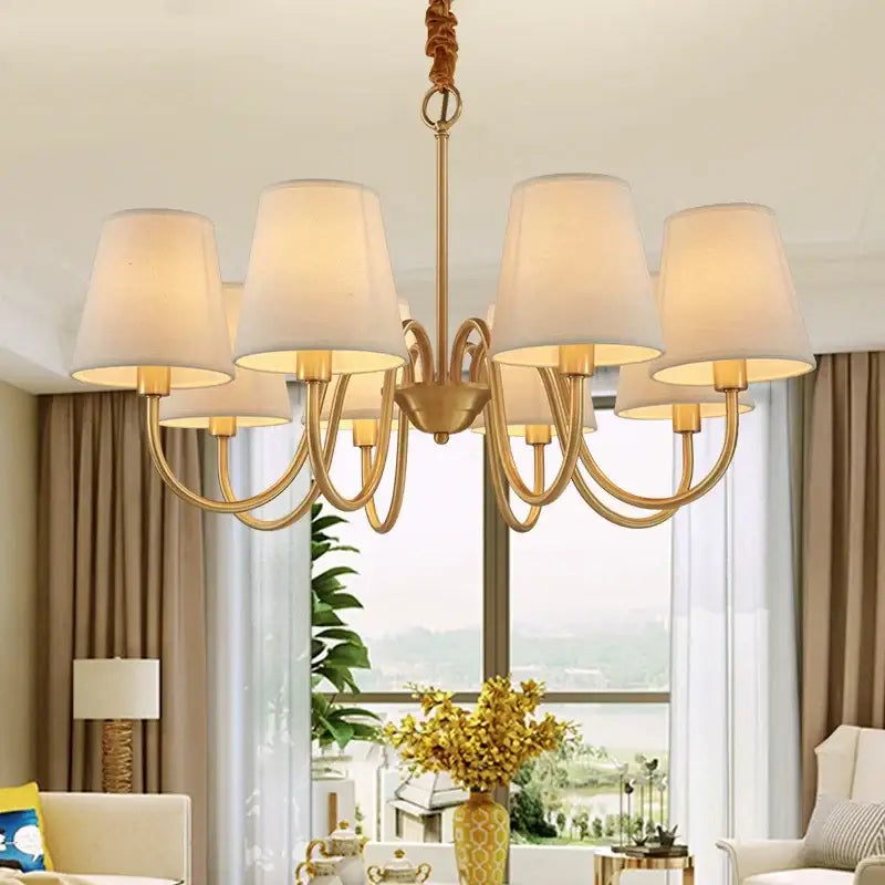 copper ceiling chandelier with fabric shades living room