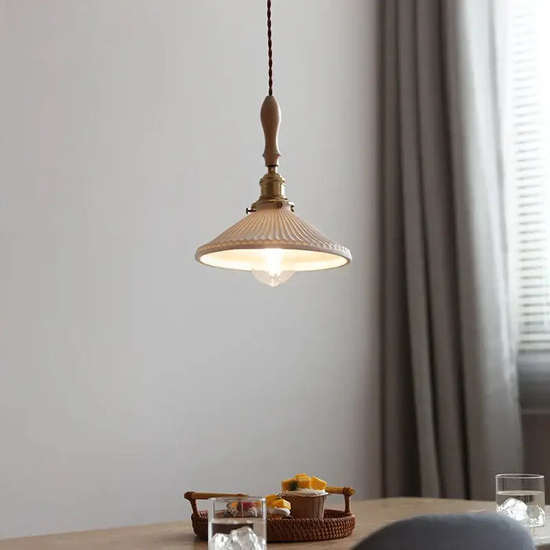 Vintage cream ceramic led pendant lamp kitchen ribbed glass shade