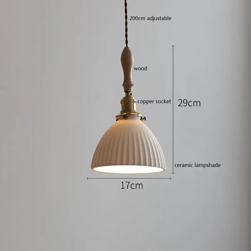 Vintage cream ceramic led pendant lamp kitchen ribbed glass shade