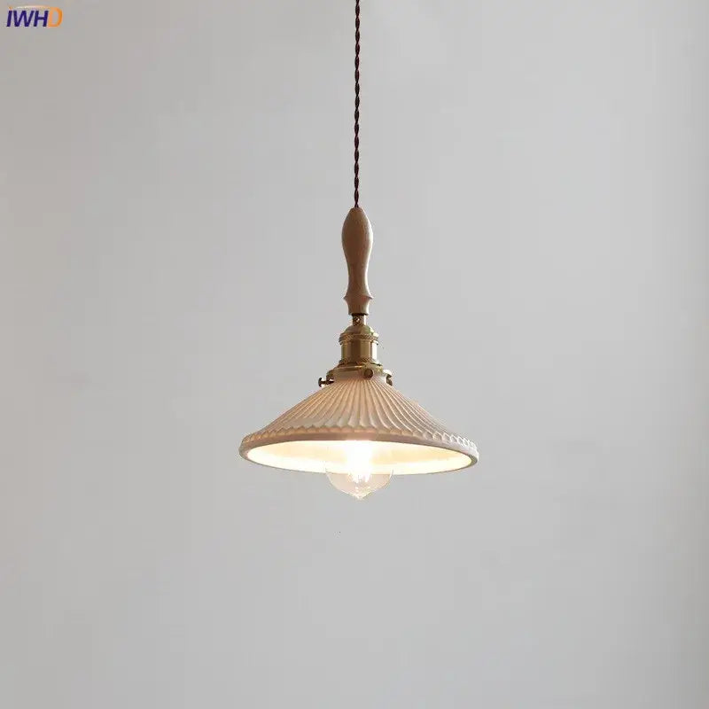 Vintage cream ceramic led pendant lamp kitchen ribbed glass shade