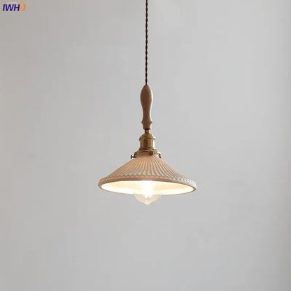 Vintage cream ceramic led pendant lamp kitchen ribbed glass shade