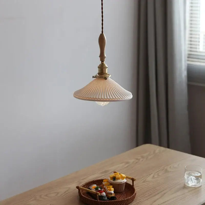 Vintage cream ceramic led pendant lamp kitchen ribbed glass shade