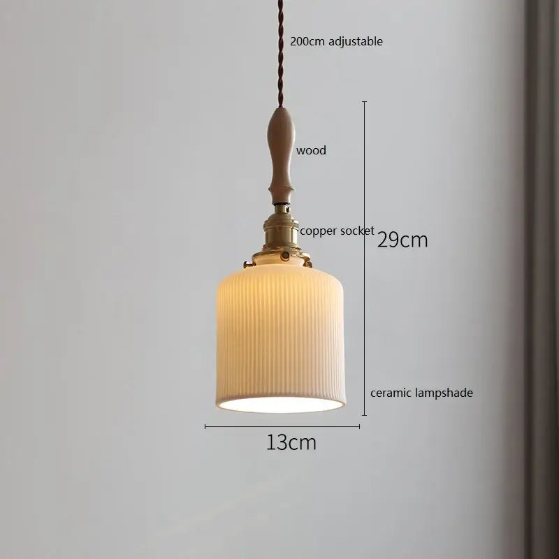Vintage cream ceramic led pendant lamp kitchen ribbed glass shade
