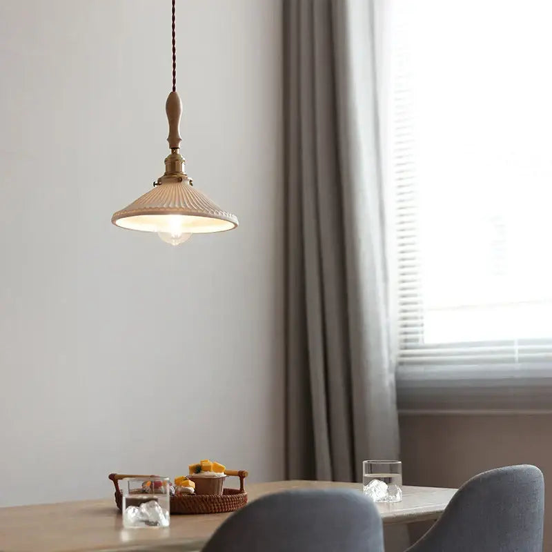 Vintage cream ceramic led pendant lamp kitchen ribbed glass shade
