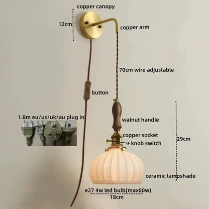 Vintage brass and dark wood led wall lamps bedroom glass sconce
