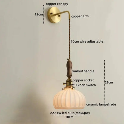 Vintage brass and dark wood led wall lamps bedroom glass sconce