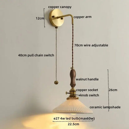 Vintage brass and dark wood led wall lamps bedroom glass sconce