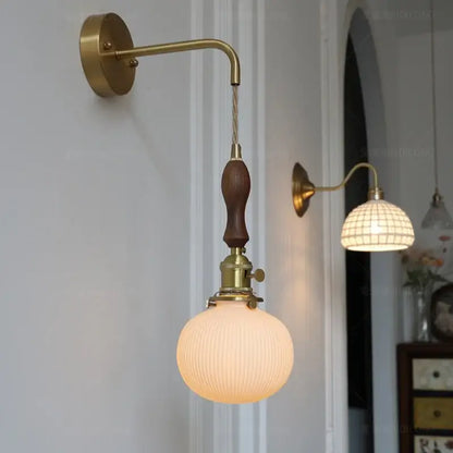 Vintage brass and dark wood led wall lamps bedroom glass sconce
