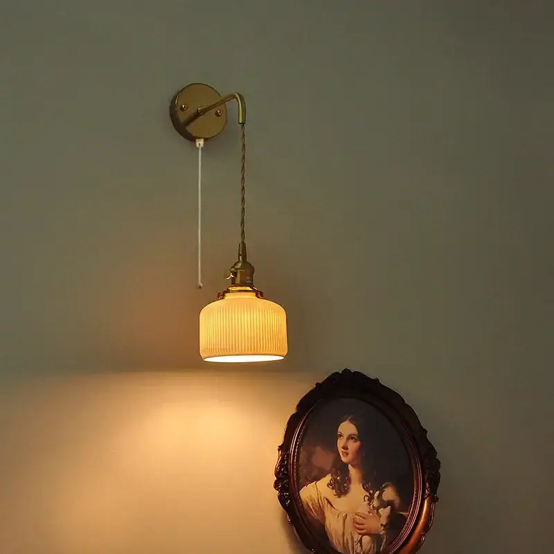 Modern copper ceramic led wall light with ribbed glass for bedroom