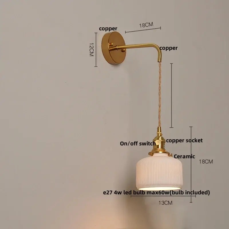 Modern copper ceramic led wall light with ribbed glass for bedroom