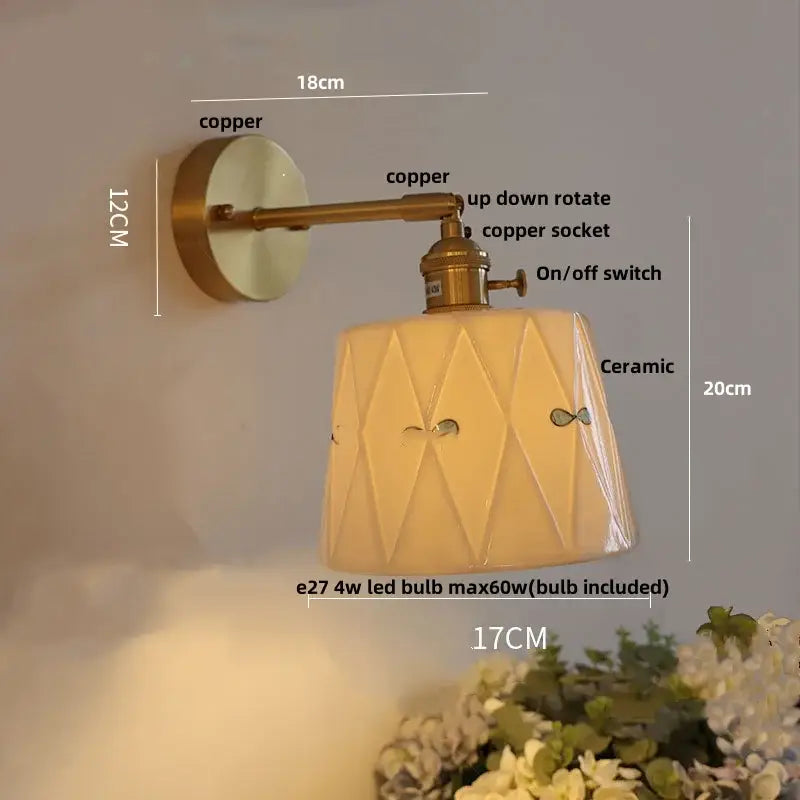 Modern copper ceramic led wall light with ribbed glass for bedroom