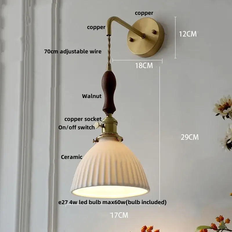 Modern copper ceramic led wall light with ribbed glass for bedroom