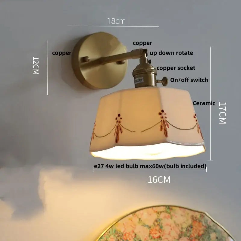 Modern copper ceramic led wall light with ribbed glass for bedroom
