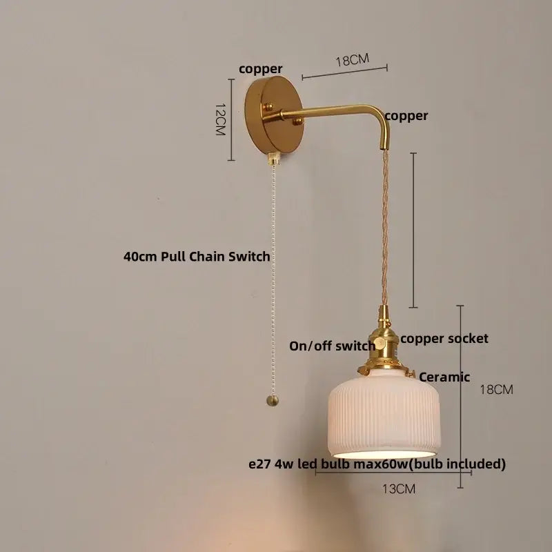 Modern copper ceramic led wall light with ribbed glass for bedroom