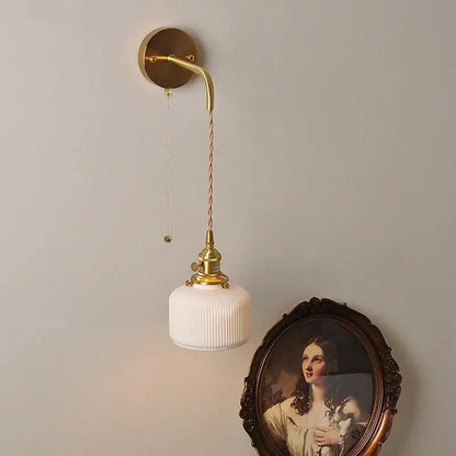 Modern copper ceramic led wall light with ribbed glass for bedroom