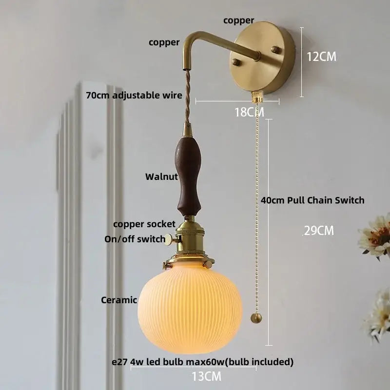 Modern copper ceramic led wall light with ribbed glass for bedroom