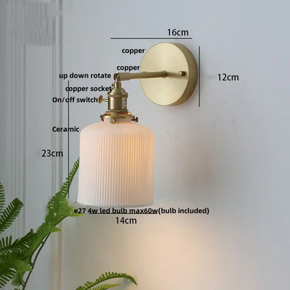 Modern copper ceramic led wall light with ribbed glass for bedroom