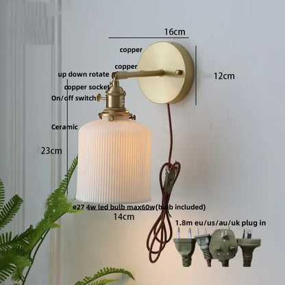 Modern copper ceramic led wall light with ribbed glass for bedroom