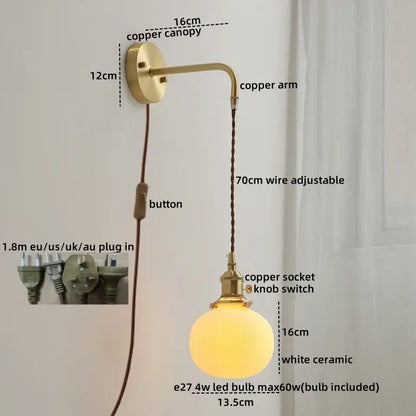 Vintage brass and ceramic led wall light bedroom sconce