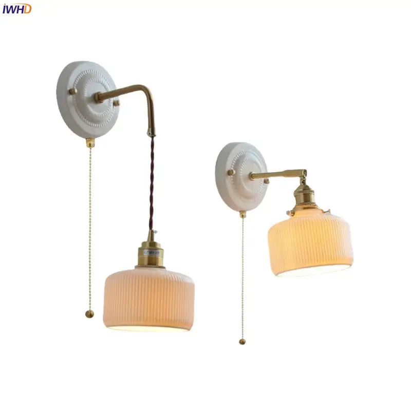 Vintage brass ceramic led wall light with ribbed glass living room