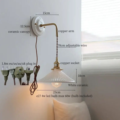 Vintage brass ceramic led wall light with ribbed glass living room