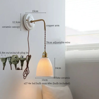 Vintage brass ceramic led wall light with ribbed glass living room