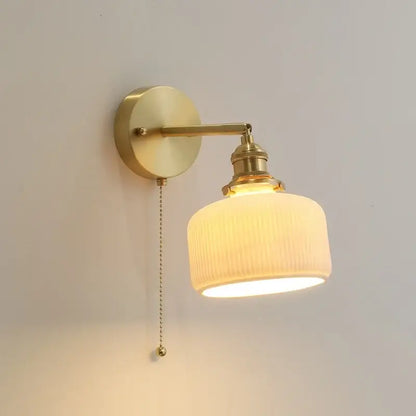 Vintage brass and ceramic led wall sconce bedroom pull chain light