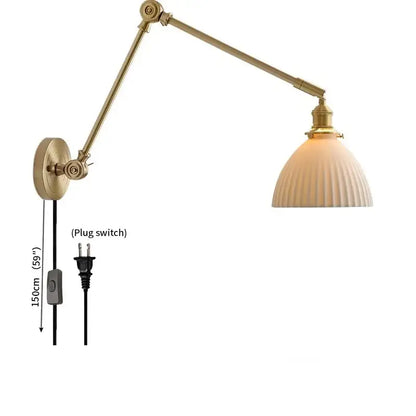 Vintage brass and ceramic led wall sconce bedroom pull chain light