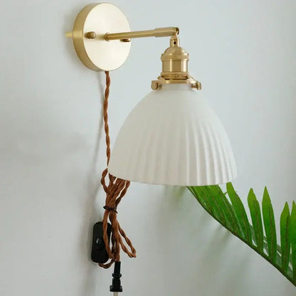 Vintage brass and ceramic led wall sconce bedroom pull chain light