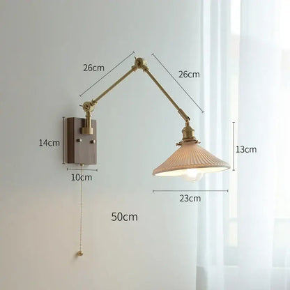 copper swing arm wall lamp with glass shade for bedroom