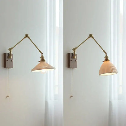 copper swing arm wall lamp with glass shade for bedroom