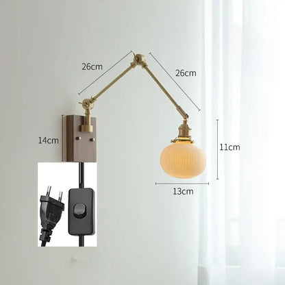 copper swing arm wall lamp with glass shade for bedroom