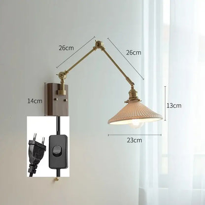 copper swing arm wall lamp with glass shade for bedroom