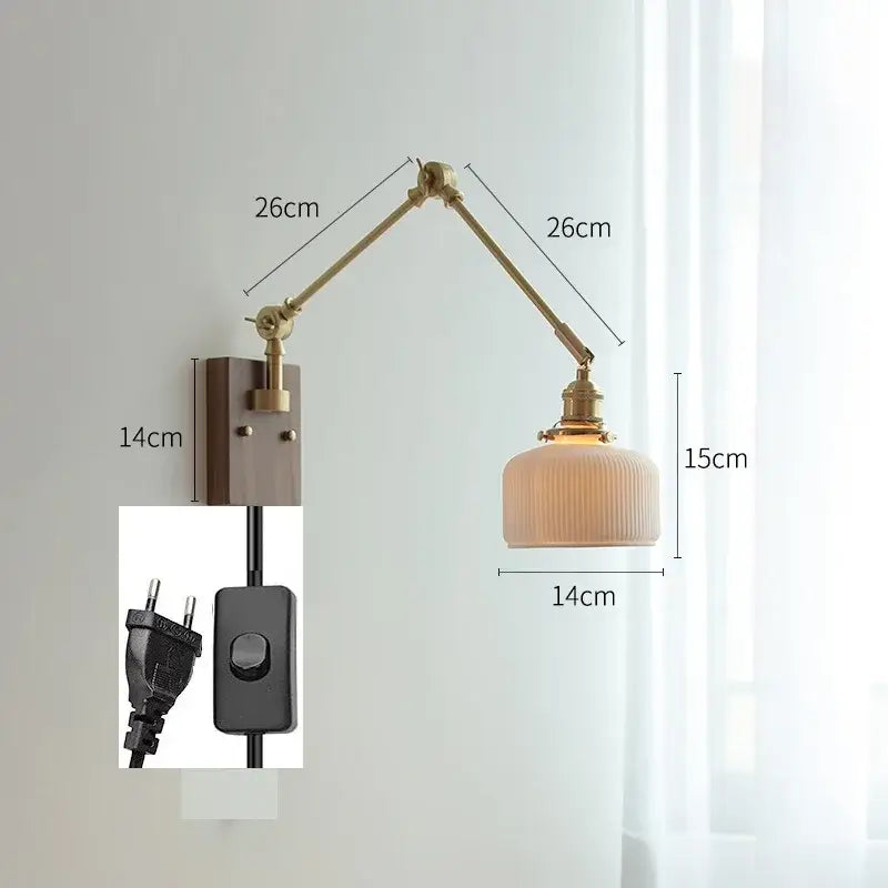 copper swing arm wall lamp with glass shade for bedroom