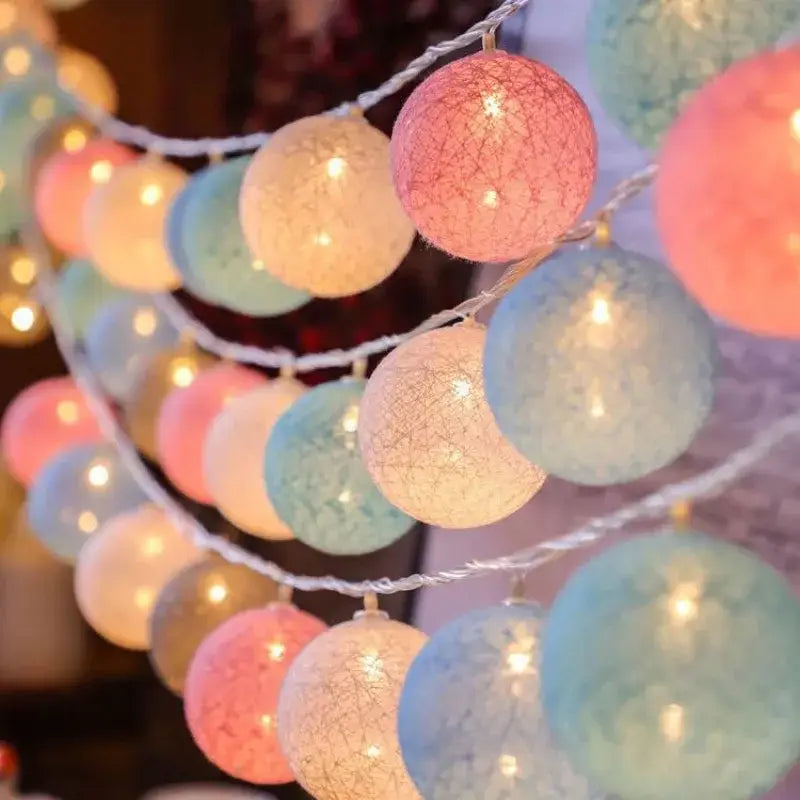 Pastel crackled spherical cotton garland led string lights bedroom