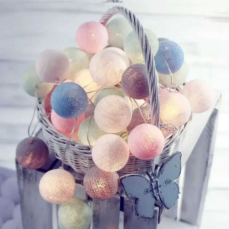 Pastel crackled spherical cotton garland led string lights bedroom