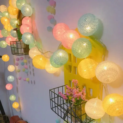 Pastel crackled spherical cotton garland led string lights bedroom