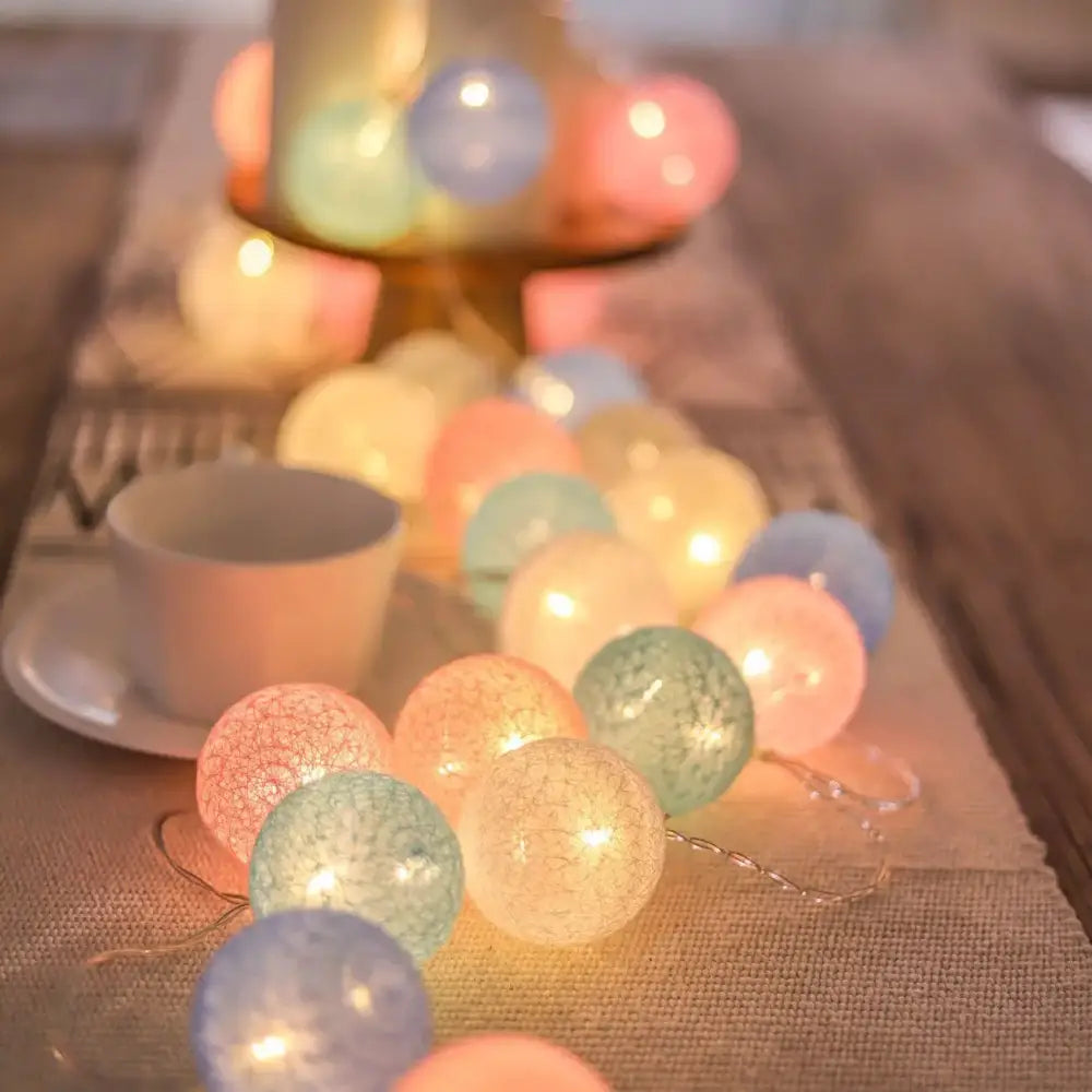 Pastel crackled spherical cotton garland led string lights bedroom