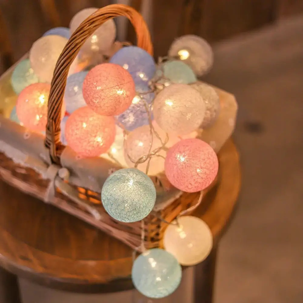 Pastel crackled spherical cotton garland led string lights bedroom