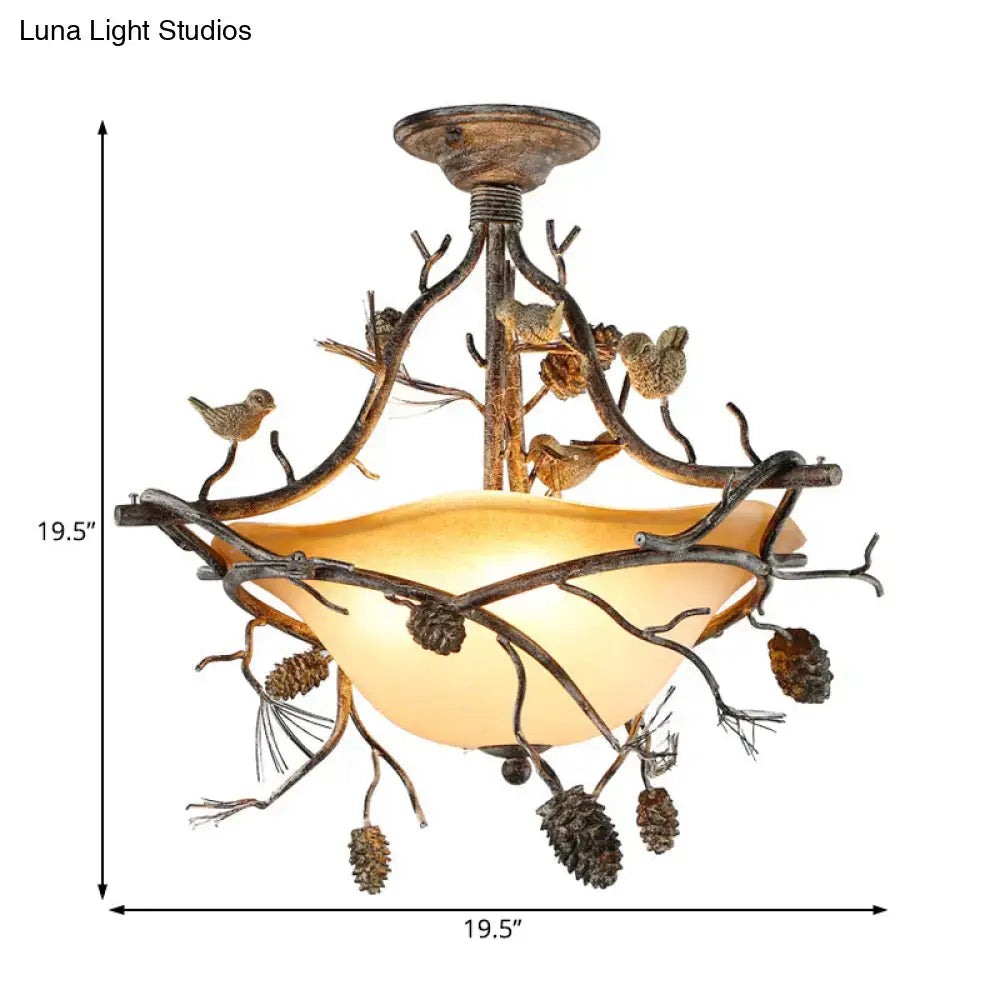 Antique bronze bird branch bowl semi flush mount bedroom light